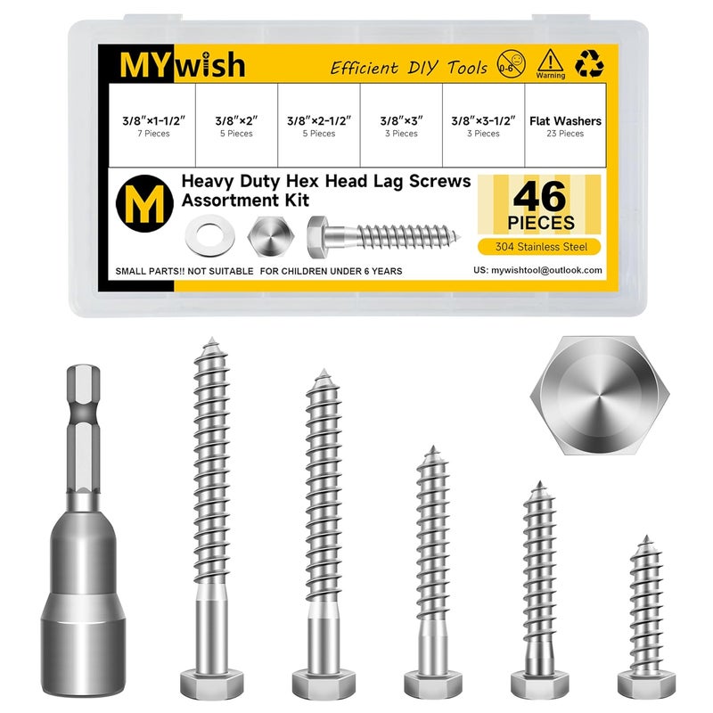 MYWISH 3/8 Hex Head Lag Screws Assortment Kit, 46Pcs Heavy Duty Lag Bolts with Washers, 304 Stainless Steel Bolts 18-8 5-Size Wood Screws for Outdoor, Bright Finish 3/8 Bolt - Image 1